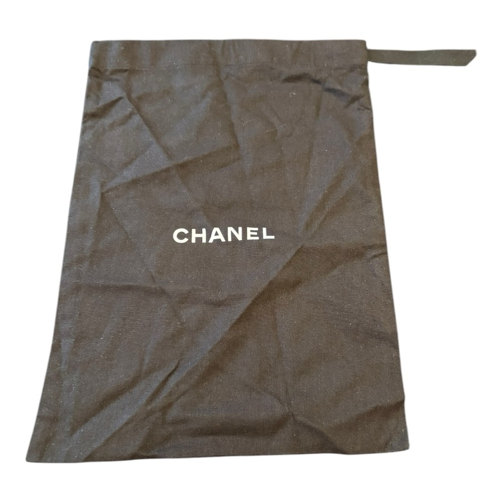 Chanel Black Drawstring Dust Bag White Logo Cotton measures 9” x 13” DB